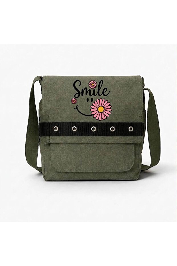 Khaki Smile Flower Printed Round Eyelet Messenger Bag