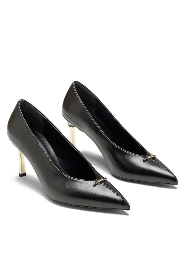 Women's Short Thin Heeled Buckle Detailed Pointed Toe Flat Stiletto Black Shoes