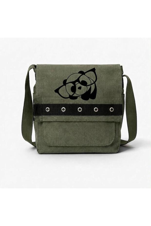 Khaki Glasses Panda Printed Round Eyelet Messenger Bag
