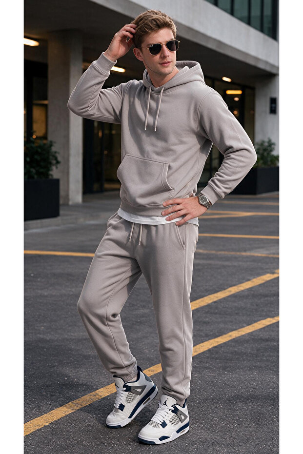 Men's Thermal Fleece 3 Thread Puff Fabric Sweatpants Set with Kangaroo Pockets