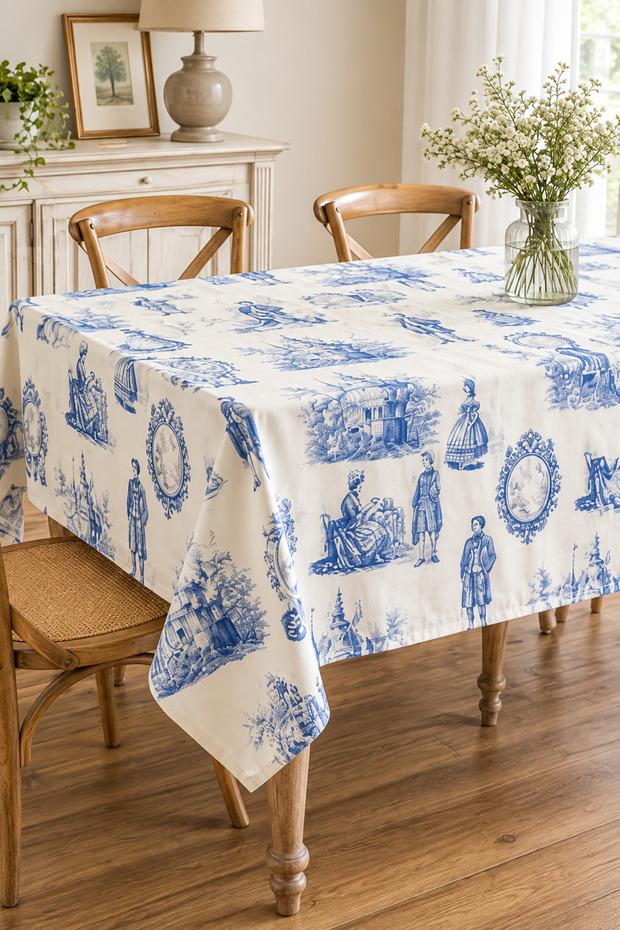 Blue Duck Fabric Vintage French Castle Patterned Decorative Tablecloth