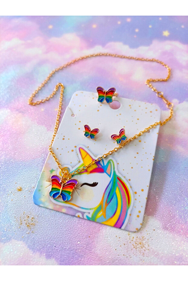 Butterfly Detailed Children's Necklace Ring Earring Set