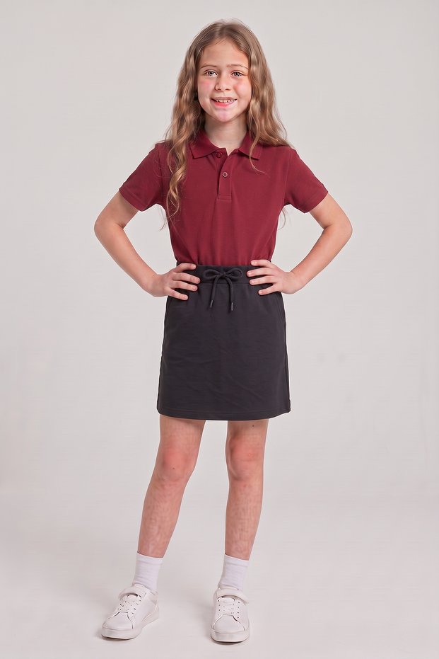 Girl's Burgundy Polo Collar School T-Shirt Black Ribbed Waist School Shorts Skirt Bottom Top Set