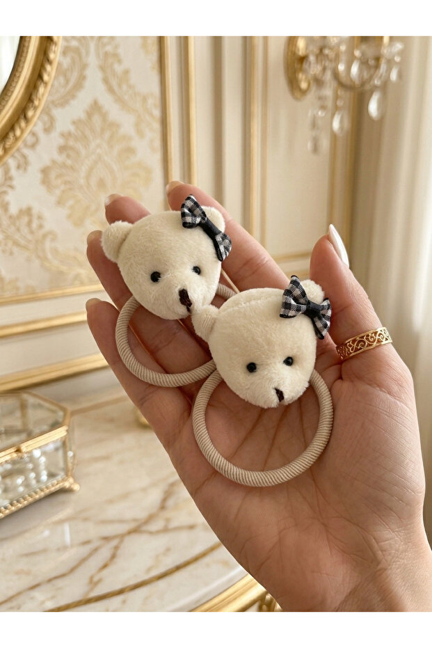 2-Piece Teddy Bear Detailed Elastic Hair Clip Plush Hair Clip