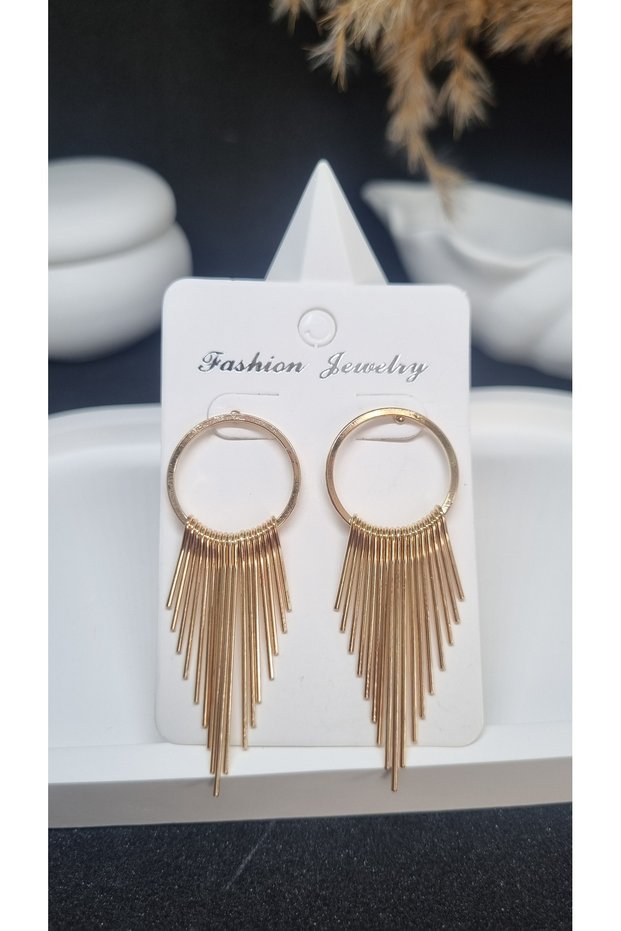 Gold Color Hoop and Tassel Detailed Dangle Women's Steel Earrings