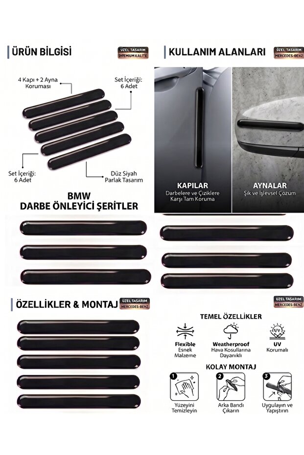 6-Piece Door and Side Mirror Protection Strip - Premium Black Anti-Scratch Set