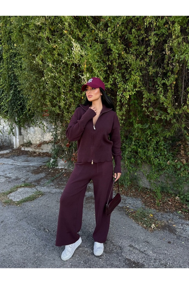Women's Zippered Cardigan and Pants Knitwear Set
