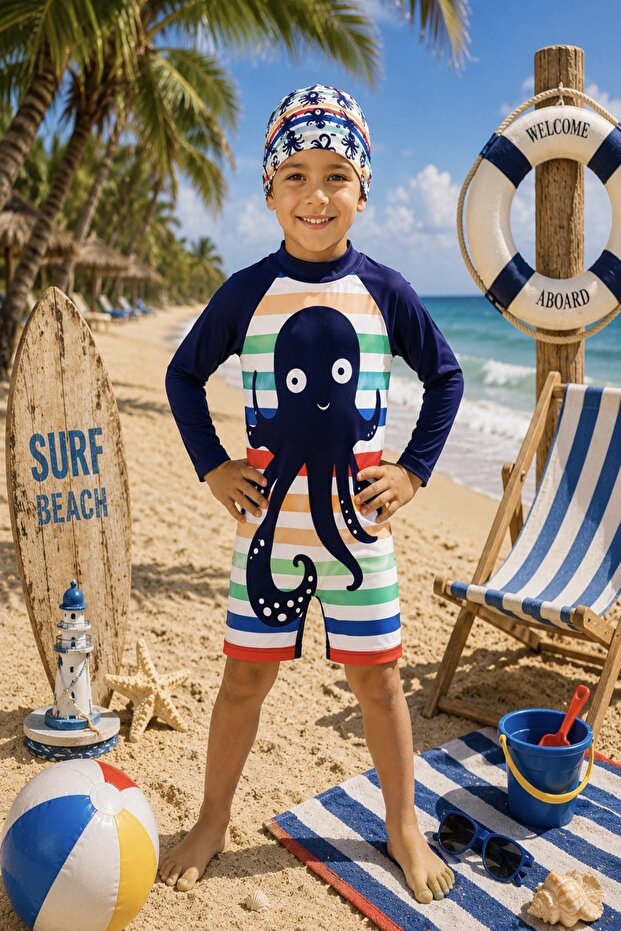 New Season Long Sleeve Zippered Boneli Sunscreen Boys' Jumpsuit Swimsuit Set