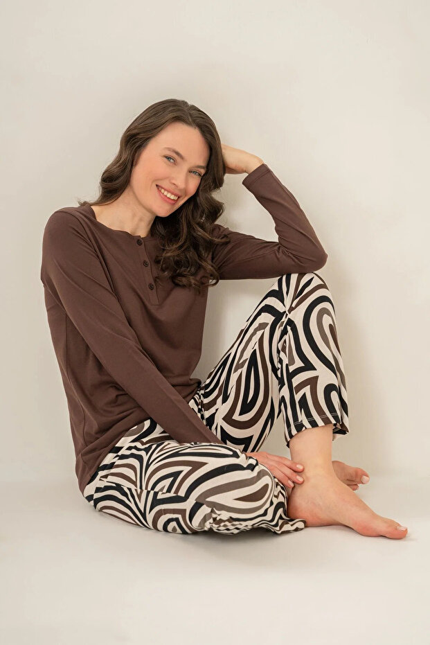 Women's Pajama Set, Combed Modal, 50% Cotton 50% Modal, Buttoned Collar, Retro Pattern, with Pockets