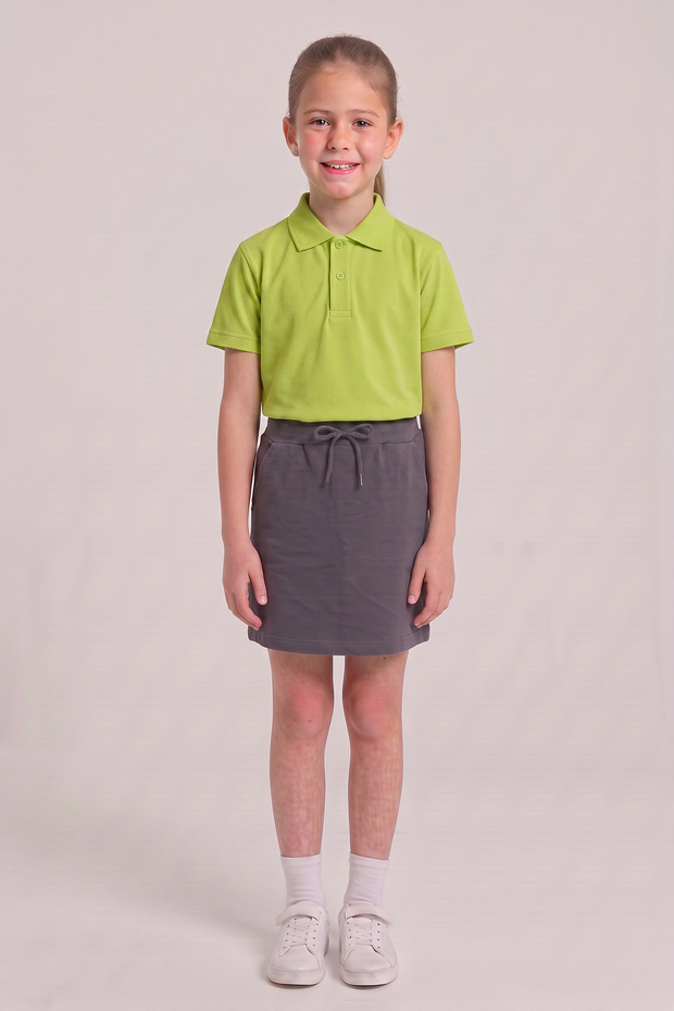 Girl's Pistachio Green Polo Collar School T-Shirt Smoked Ribbed Waist School Shorts Skirt Bottom Top Set