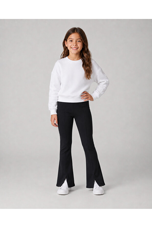 5 14 Years Old Girls' Black Spanish Flared Leggings with Slits / 95% Cotton 5% Elastane