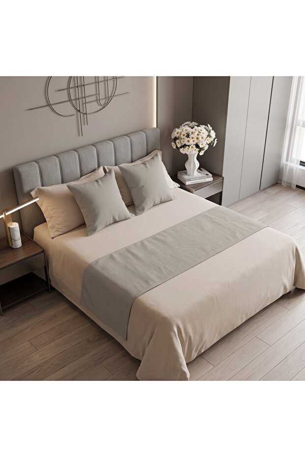 Beige Single Linen Runner and Pillowcase Set - 3 Piece Bedspread Set