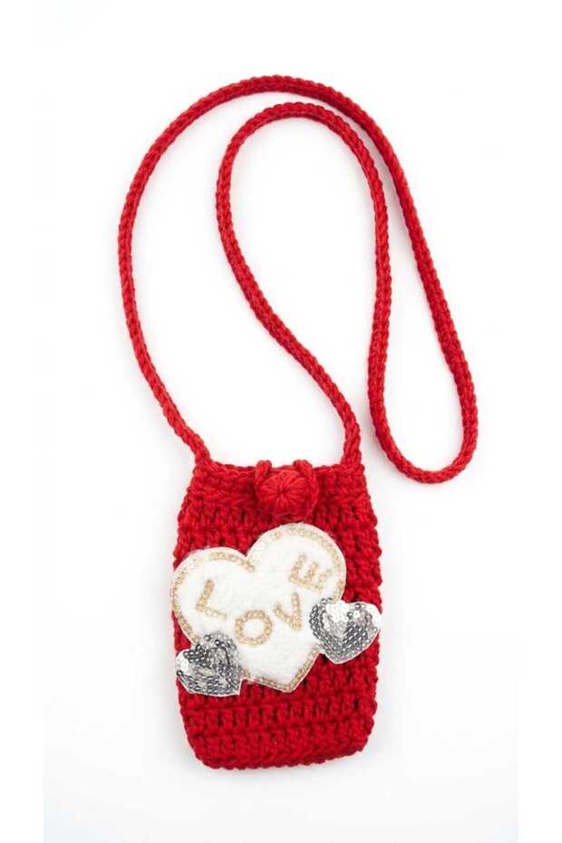 OFFICIAL Handmade Crochet Crossbody Phone Bag - Red Mini Sling Bag with LOVE Heart Patch - Cute Crochet Shoulder Bag for Women & Girls