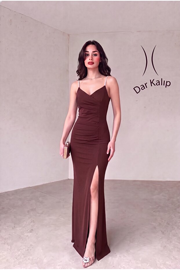 Stone Strap Slit Draped Long Evening Dress Graduation Dress