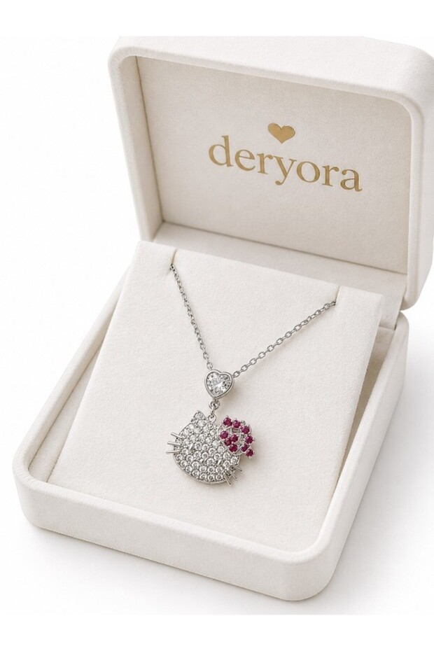 Stone Heart Silver Color Figured Necklace with Pink Stone Detail Elegant Women's Necklace Stylish Jewelry Boxed Gift Option