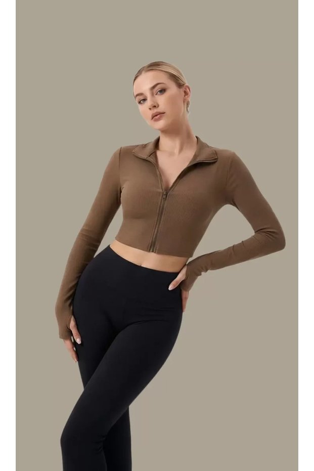 Women's Brown Long Sleeve Zippered Finger-Through Detailed Mock Neck Crop Top Blouse – Stylish, Comfortable and Cola