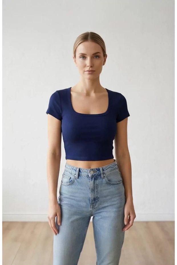 Women's Navy Blue Half Sleeve Straight Neck Crop Top Blouse – Stylish, Comfortable, and Easy to Match