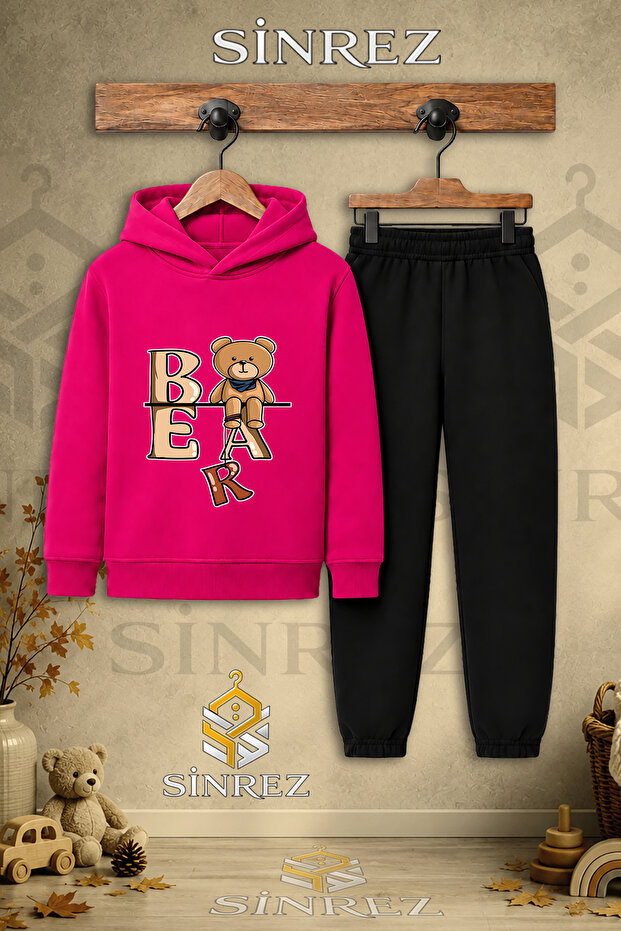 Children's Unisex Single Bear Printed Hooded Tracksuit Set