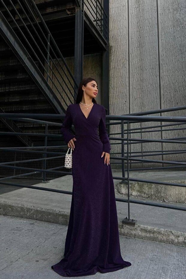 Crepe Fabric Double Breasted Collar Slit Maxi Evening Dress
