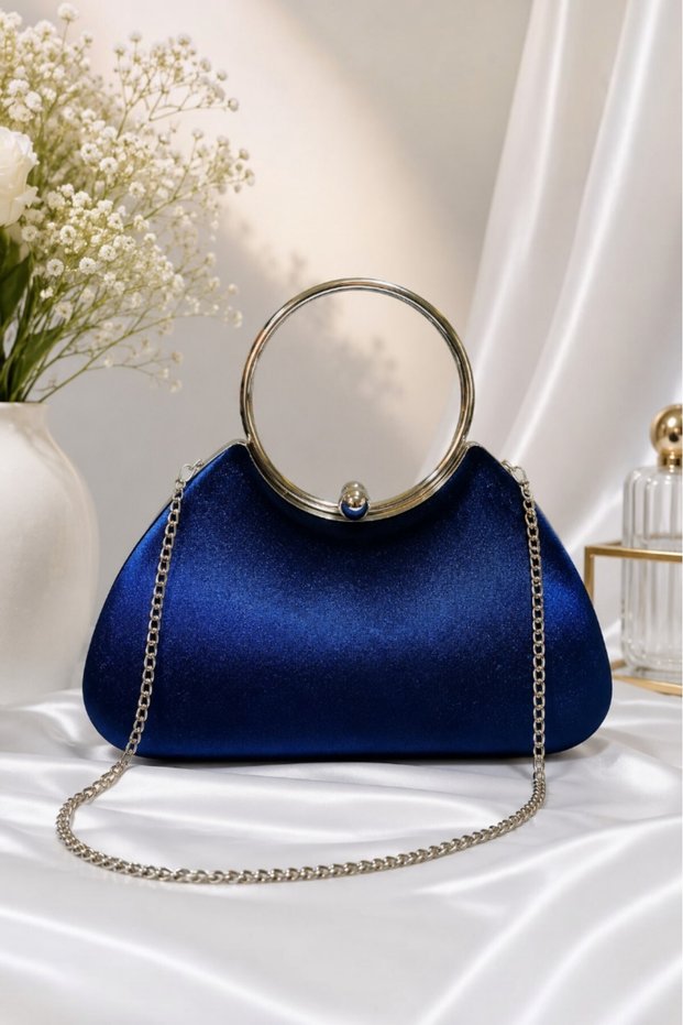 Women's Silk Velvet Navy Blue Evening Dress Bag Moon Case Model and Chain