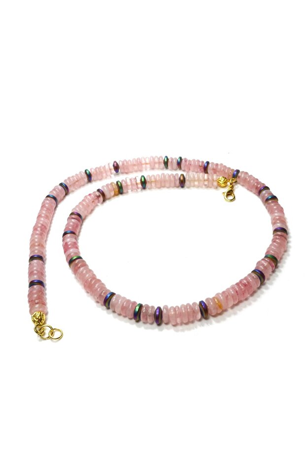 Genuine Pink Quartz and Hematite Necklace - Disc Cut with Gold Clasp