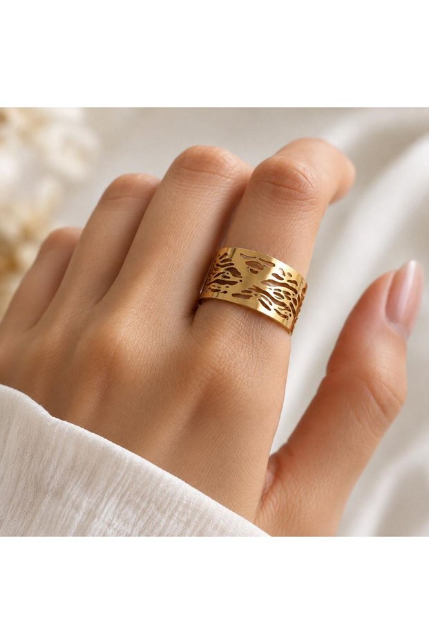 Openwork Patterned Wide Form Gold Color Steel Adjustable Ring