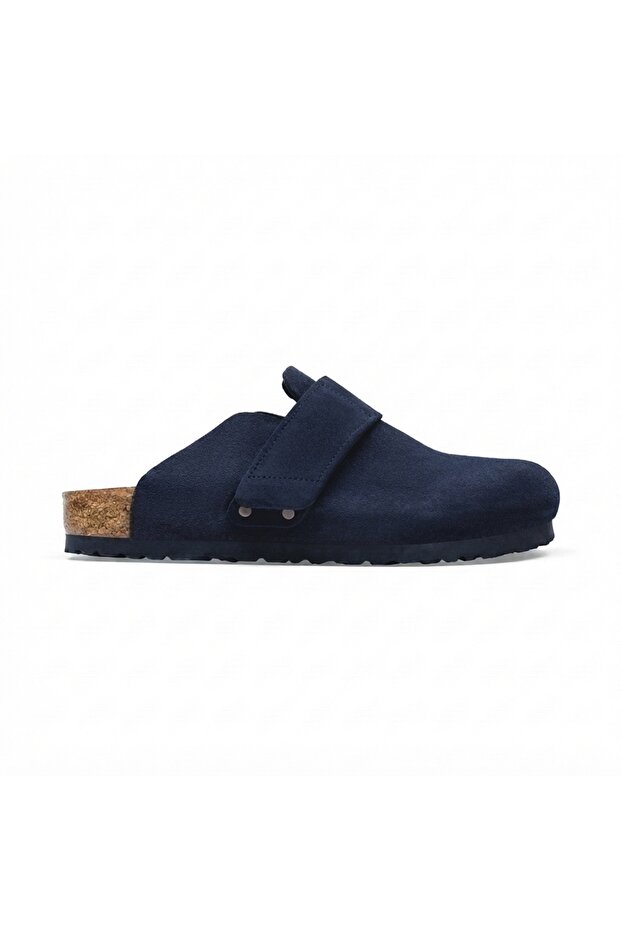 Mc402-Sue Navy Blue Genuine Suede Leather Unisex Orthopedic Cork Sole Sabo Slippers with Single Wide Band