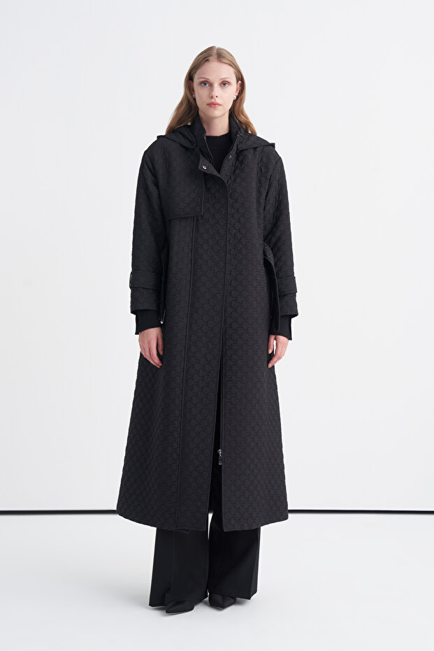 Hooded Belted Black Giy Çık 13528