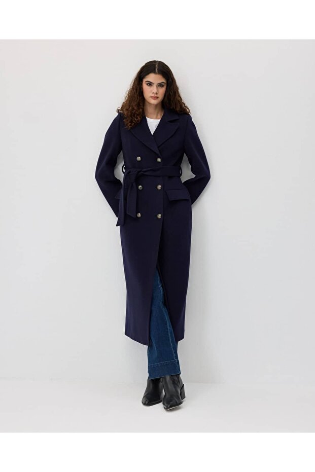 Medallion Buttoned Double-Breasted Coat Navy Blue