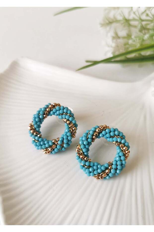 Blue Rose Gold Beaded Hoop Earrings 2.5 cm