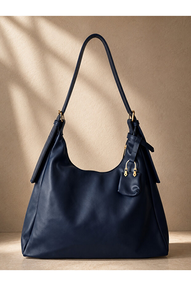 Women's Navy Blue Soft Leather Large Size Shoulder Bag with Charms, Daily Stylish, Useful, Elegant Bag