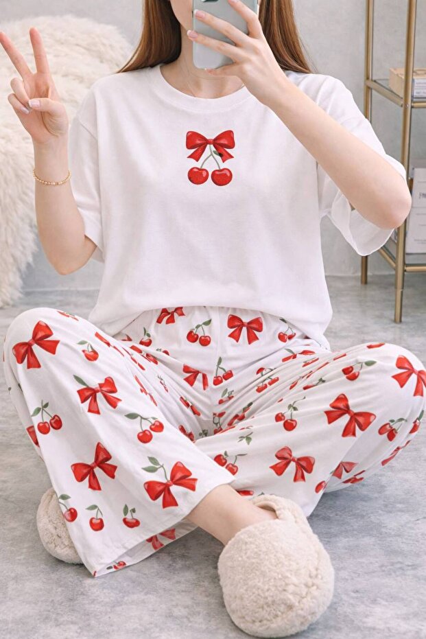 Short Sleeve Pajama Set Cherry White Supersoft Basic Single Jersey