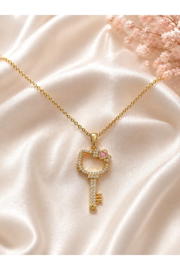 Women's Gold Key Figured Zircon Stone Elegant Chain Necklace Special Design Stylish Gift Necklace Suitable for Daily Use Sparkling Stone Detailed Modern Women's Jewelry Model