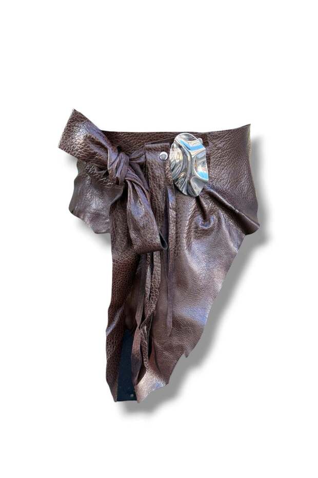 Stone Buckle Tasseled Bitter Brown Leather Women's Belt | Handmade - Standard Size