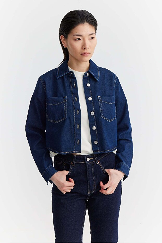 Women's Pocketed Short Denim Shirt
