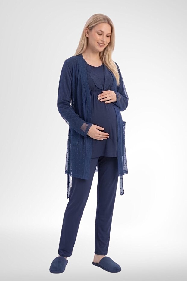 Mecit 6406 navy blue lace robe & maternity pajama set