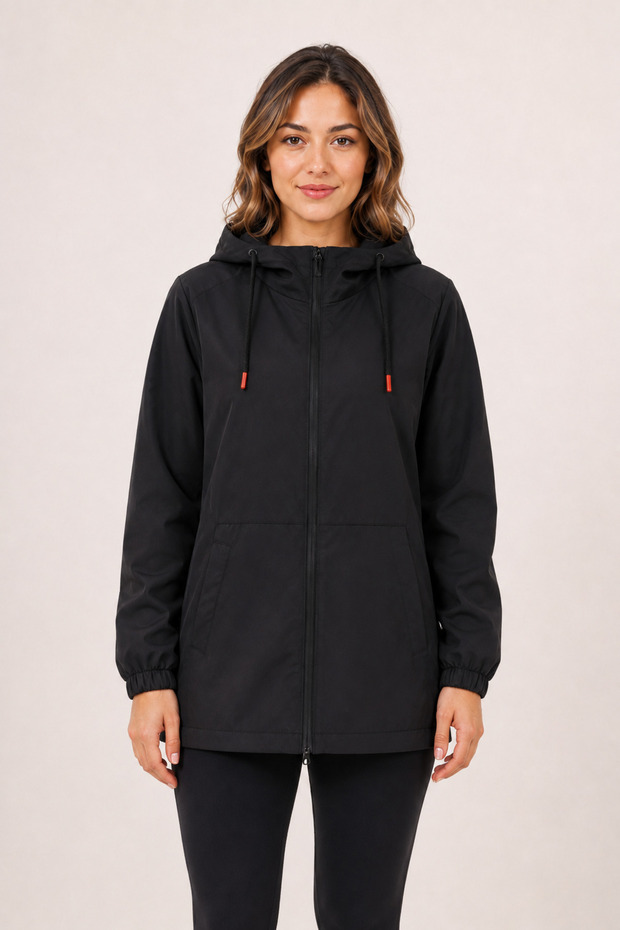 Women's Black, Lined Hooded Waterproof and Windproof Raincoat