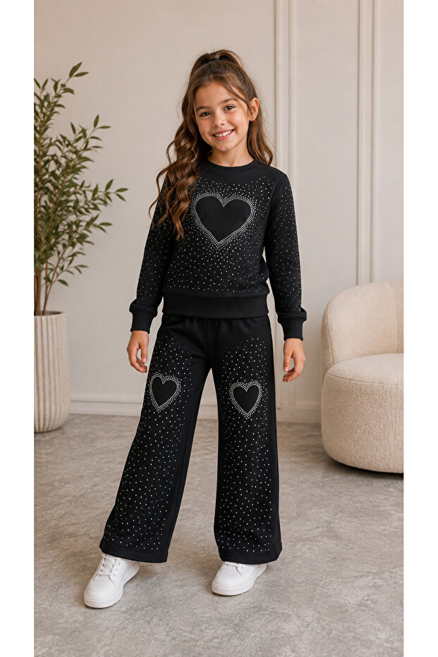 Girl's Black Stone Heart Patterned Sweatshirt and Wide Leg Sweatpants 2-Piece Set