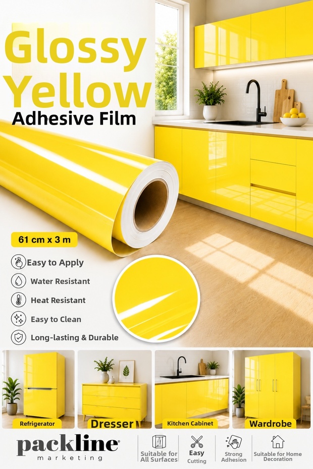 Bright Yellow Kitchen Cabinet and Furniture Covering Foil 61cm X 3m