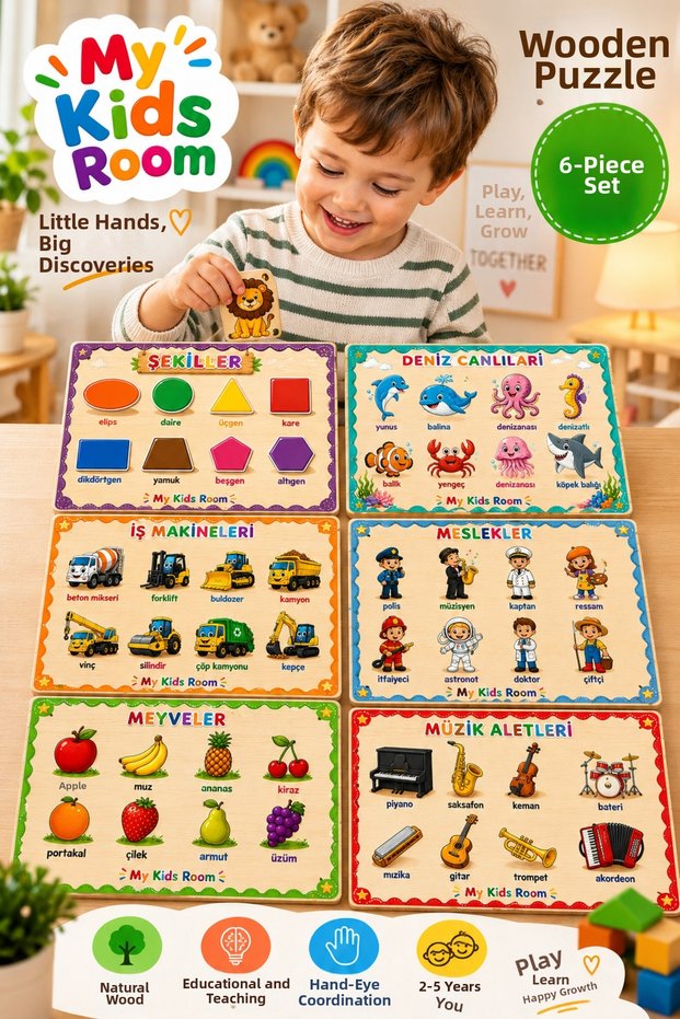 6-Piece Wooden Puzzle Set Educational Learning Find & Match Jigsaw Shapes Sea Creatures Business Machines Professions Fruits Musical Instruments