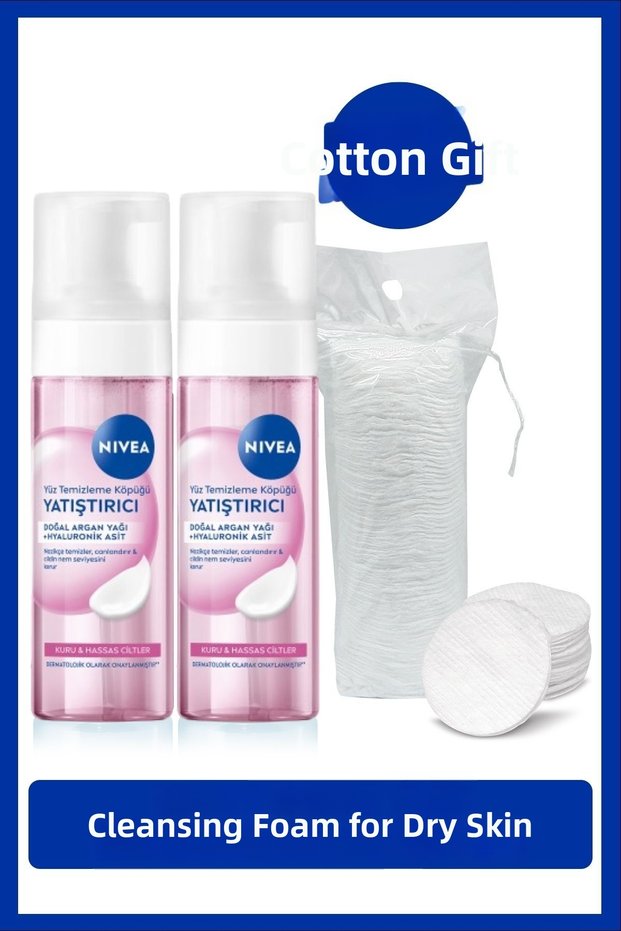 Soothing Facial Cleansing Foam 150ml, Dry and Sensitive Skin, Hyaluronic Acid, X2Pcs, Cotton Gift