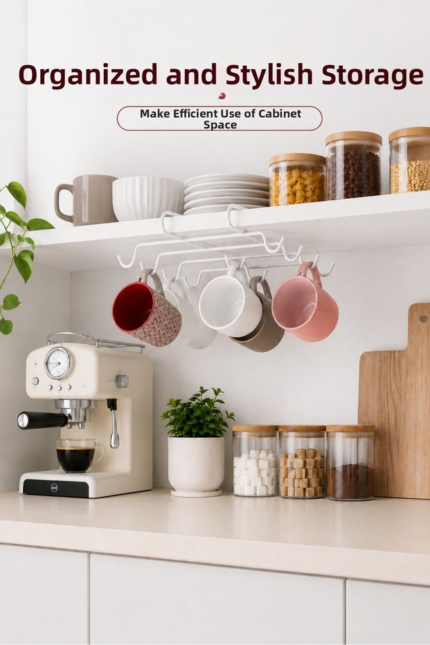 Metal 10-Hook Cup and Mug Hanger, Cup Hanger with Hooks for Inside the Cabinet