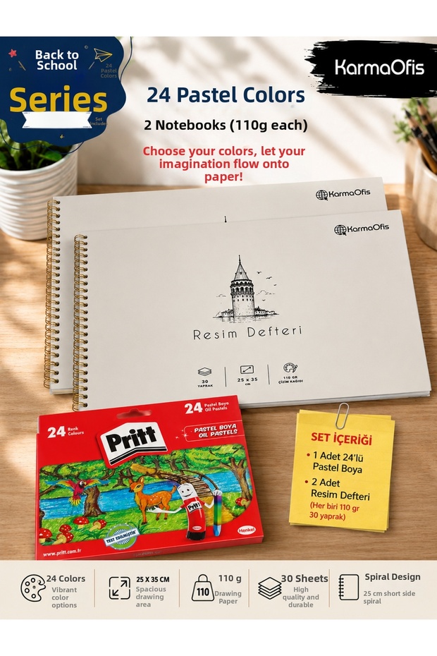 24 Color Crayons and 25X35 cm 110 Gr Spiral Drawing Notebook Set – 2 Notebooks Optional