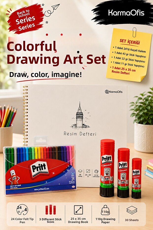 24 Colors of Felt Tip Paint + 3 Different Weighted Stick Adhesives + 1 Piece of 110 Gr 25X35 cm Drawing Pad