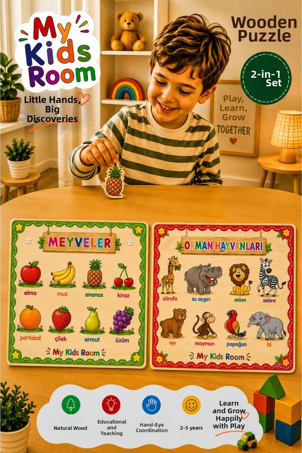 2-Piece Wooden Puzzle Set Educational Learning Find & Match Puzzle Fruits & Forest Animals