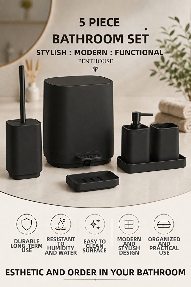 5 Piece Bathroom Set 5 L Pedal Trash Can Toilet Brush Liquid Soap Dispenser Toothbrush Holder Solid Soap Dispenser