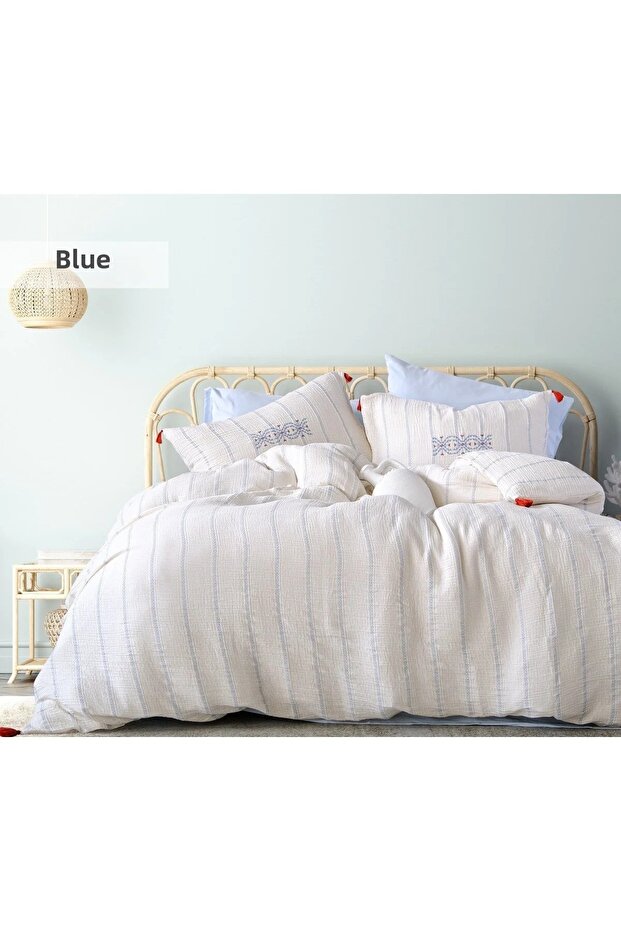 Perge Authentic Muslin Double Embroidered Duvet Cover Set Blue