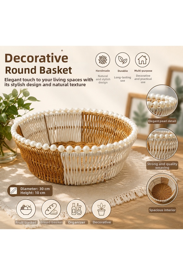 Decorative Round Knitted Basket – Pearl Detailed