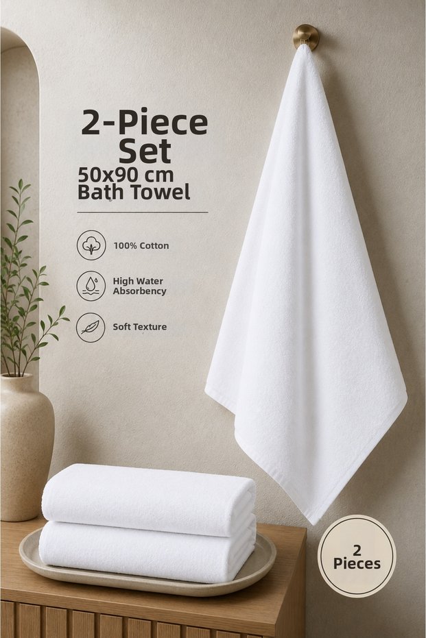 Set of 2 270Gr 50X90 cm White Hand and Face Towels 100% Cotton Soft Textured High Absorbent Plain Towels