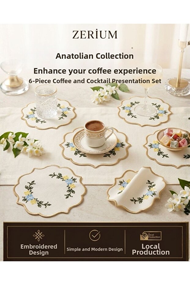 Premium Set of 6 Cocktail and Coffee Presentation Napkins with Cross-Stitch Embroidery